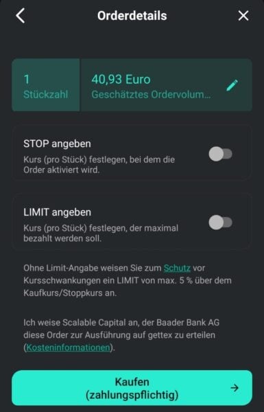 Eine Abbildung der Ordermaske zur Aufgabe einer unlimitierten Order (Market Order) in der Scalable App ist zu sehen.