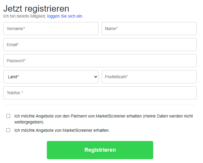 MarketScreener.com Registrierung