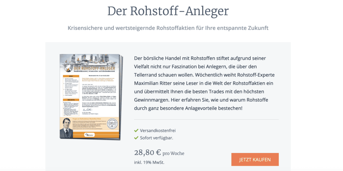 Das Bild zeigt den Börsenbrief Rohstoff-anleger von Maximillian Rittter