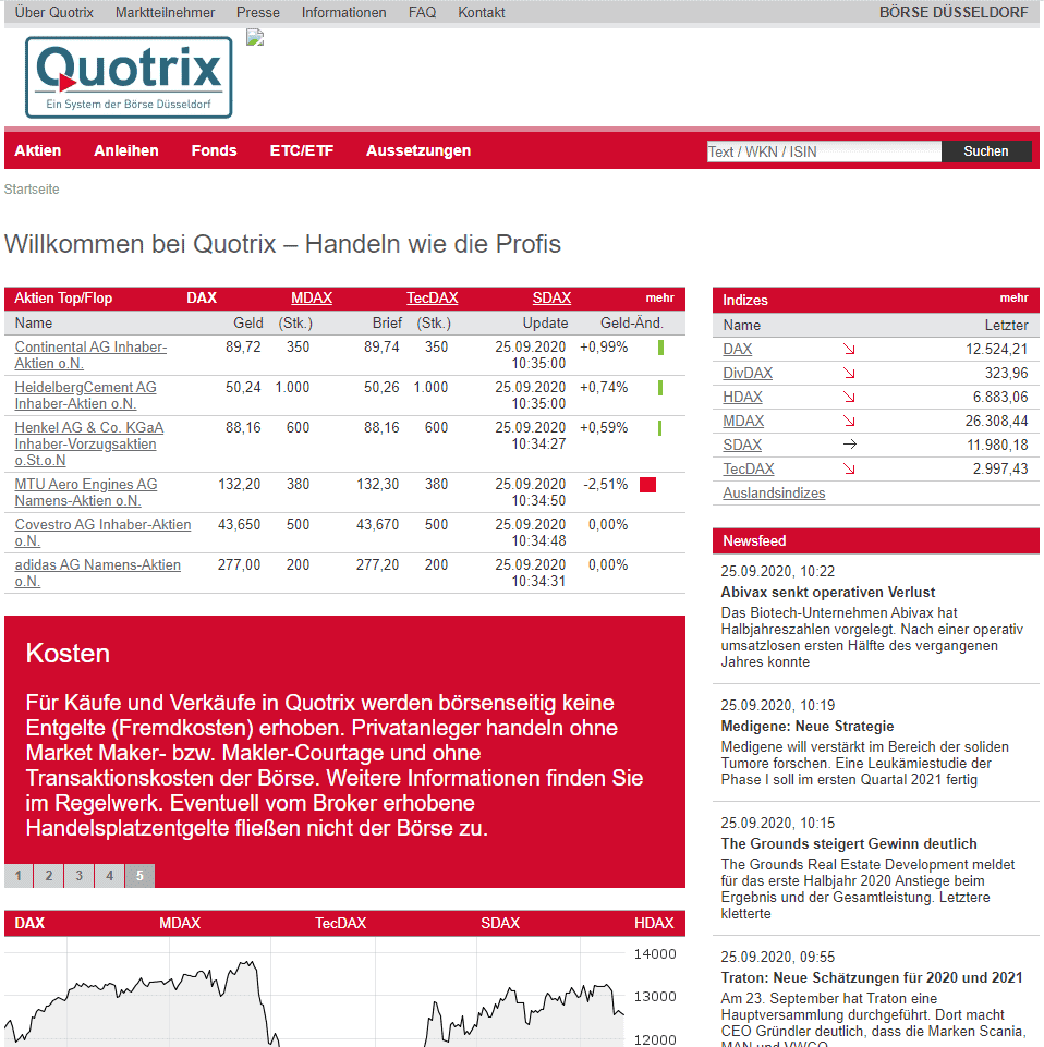 Screenshot der Webseite von Quotrix