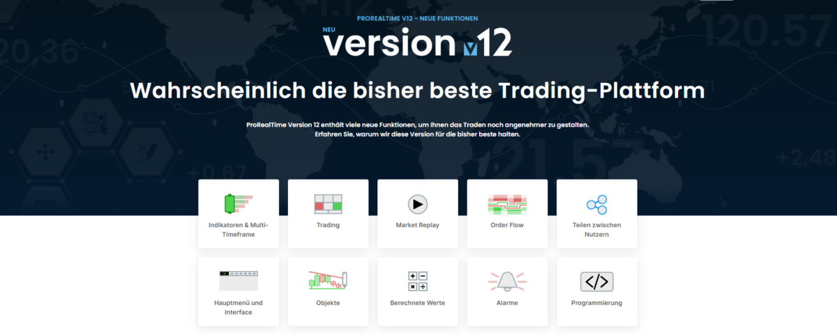 die funktionen der trading-plattform prorealtime mit market replay; alarme; orderflow, indikatoren