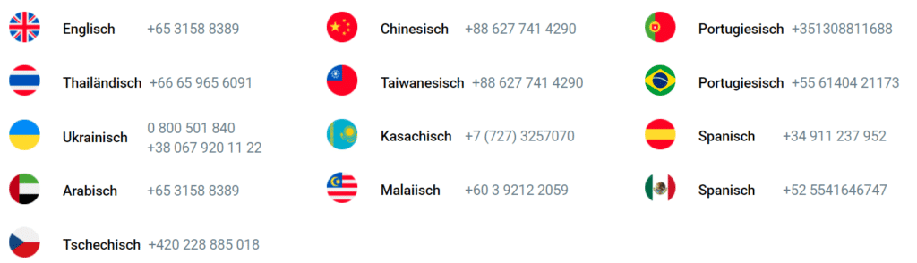 Liste der RoboForex Kundendienst-Telefonnummern für verschiedene Sprachen mit zugehörigen Länderflaggen. Enthalten sind Telefonnummern für Englisch, Thailändisch, Ukrainisch, Arabisch, Tschechisch, Chinesisch, Taiwanesisch, Kasachisch, Malaiisch, Portugiesisch (Portugal und Brasilien) sowie Spanisch (Spanien und Mexiko.