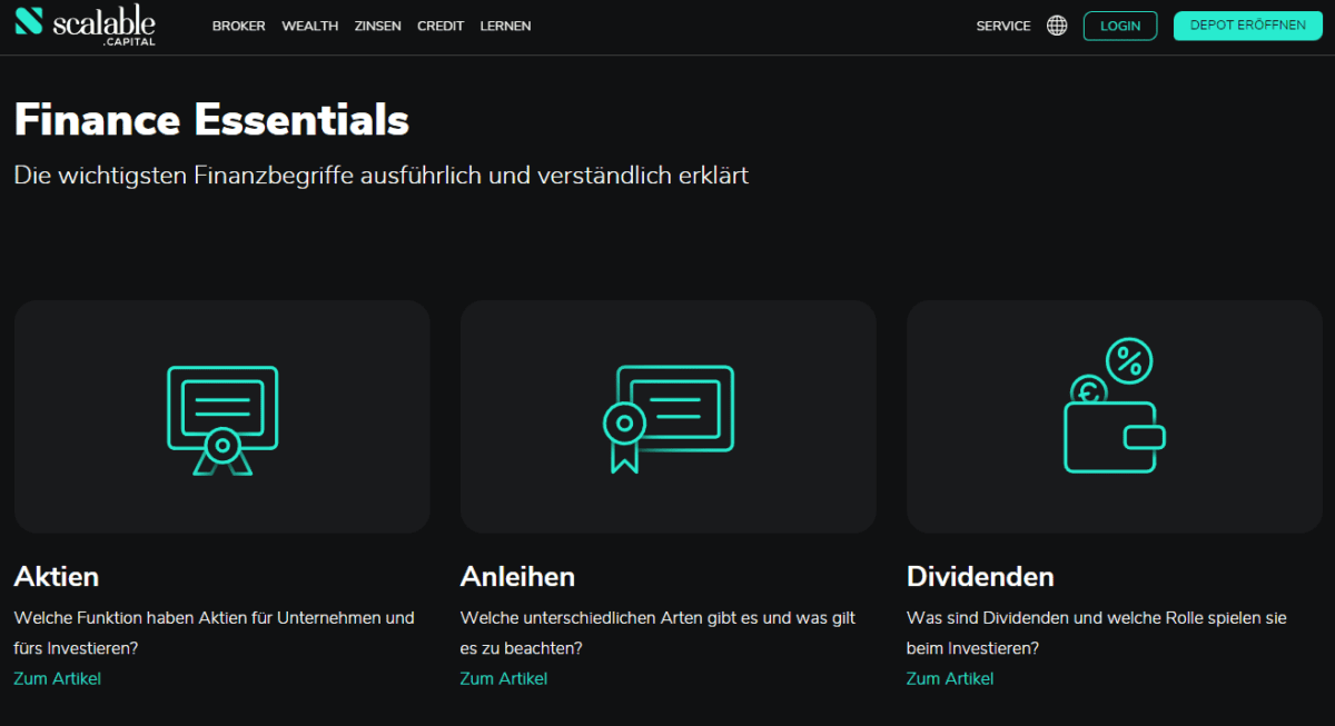 Scalable Capital bietet auf seiner Webseite auch einen kleinen Weiterbildungsbereich an