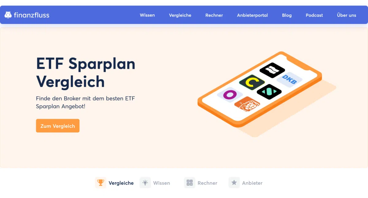 Screenshot der Finanzfluss-Webseite mit einer Illustration eines Smartphones und dem Text: 'ETF Sparplan Vergleich – Finde den Broker mit dem besten ETF Sparplan Angebot!' sowie einem Button 'Zum Vergleich'.
