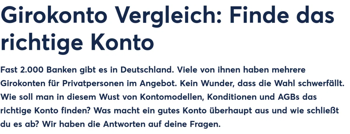 Überschrift und Einführungstext einer Webseite zum Thema Girokonto-Vergleich: 'Girokonto Vergleich: Finde das richtige Konto' mit Erläuterungen zur Vielzahl an Banken und Kontomodellen in Deutschland