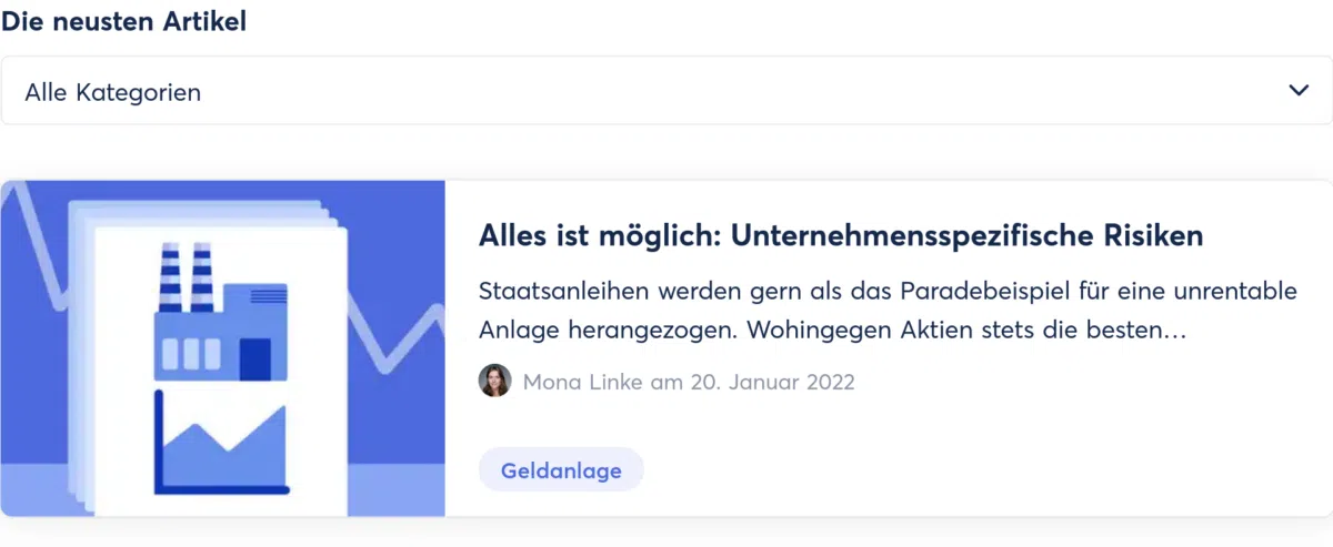 Vorschau eines Blogartikels auf der Webseite Finanzfluss mit dem Titel 'Alles ist möglich: Unternehmensspezifische Risiken', verfasst von Mona Linke am 20. Januar 2022, mit einer Illustration eines Fabrikgebäudes und eines Graphen