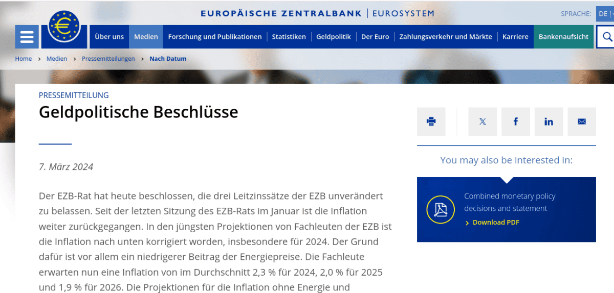 Screenshot der Webseite von der Europäischen Zentralbak zeigt die geldpolitischen Beschlüsse vom 7. März 2024-