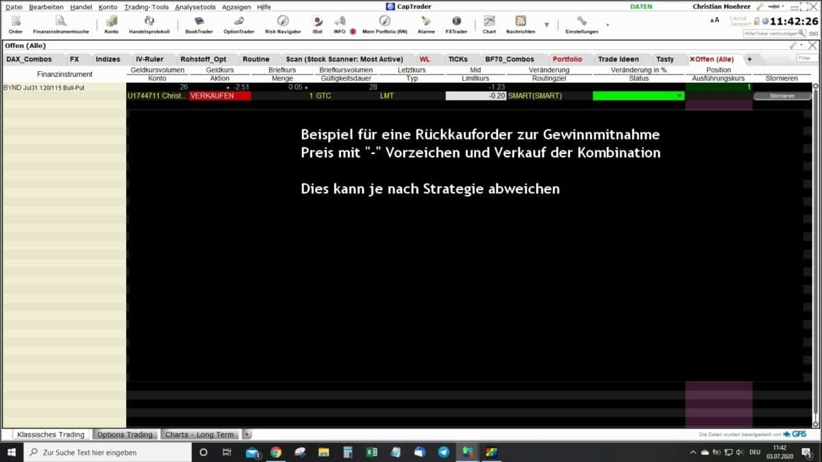 Screenshot der Anzeige offener Orders in der TWS unter dem Tab Offen - Alle