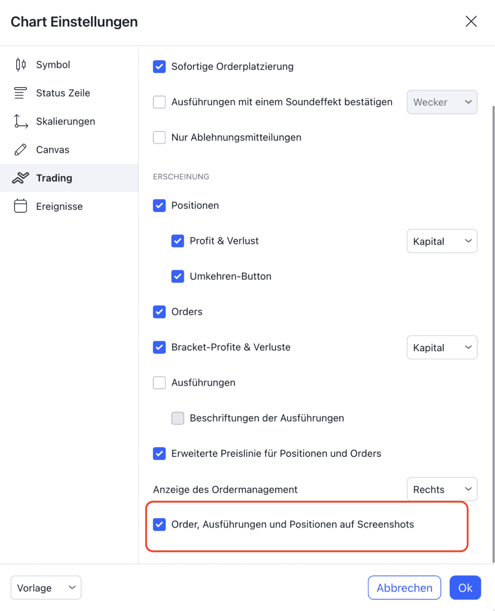 Das Bild zeigt die Trading-Einstellungen in TradingView.
