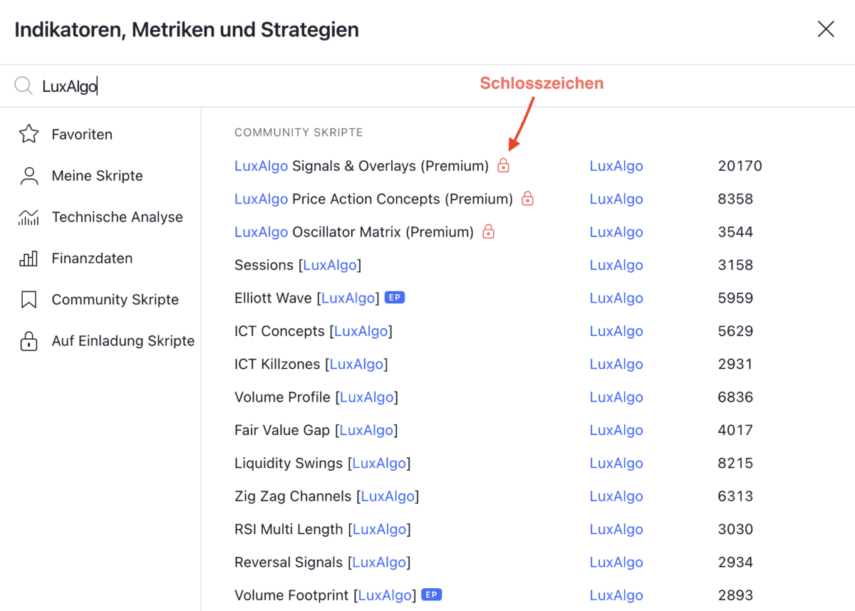 Das Bild zeigt die Indikator-Suche für LuxAlgo und zeigt private und öffentliche Skripts. 