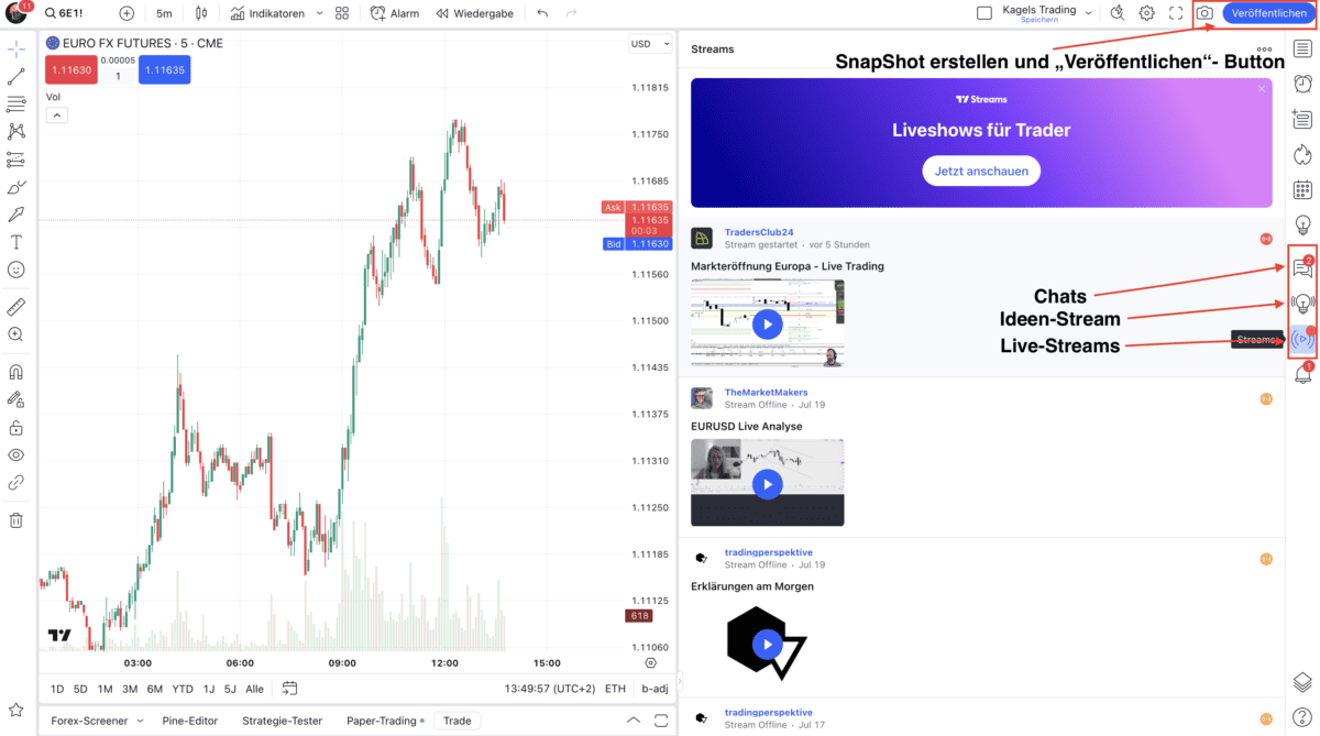 Das Bild zeigt verschiedene Social Trading Funktionen von TradingView.