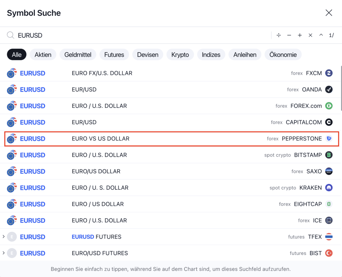 Das Bild zeigt die Symbolsuche in Tradingview für EURUSD. 