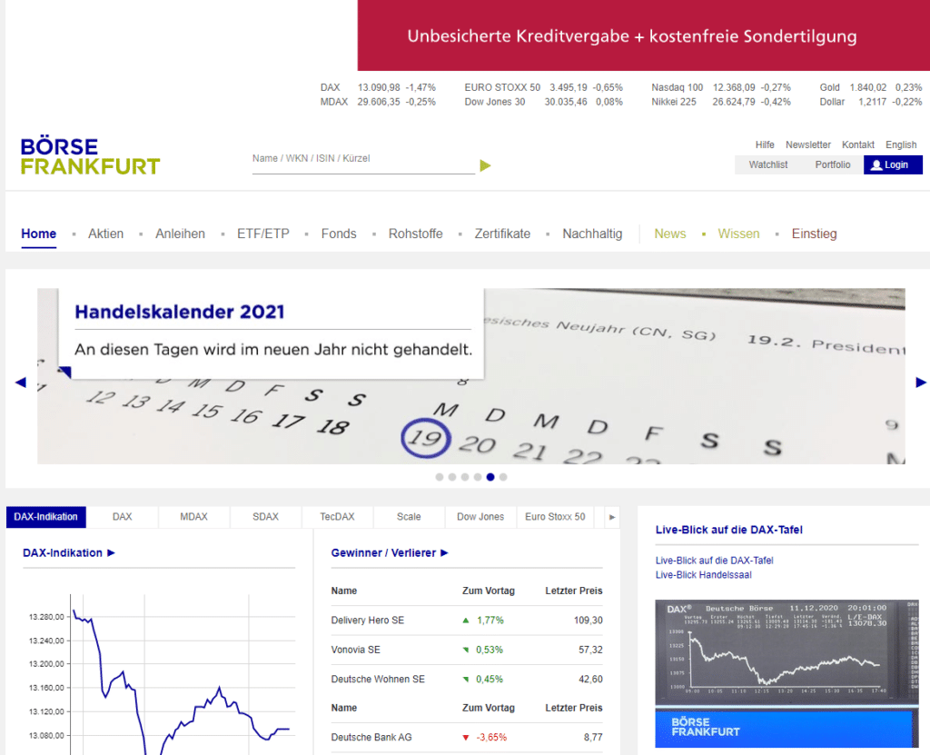 Screenshot der Webseite Frankfurter Börse
