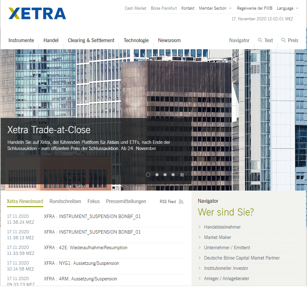 Screenshot der Xetra Webseite