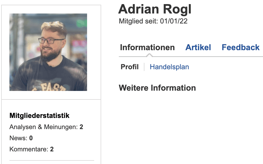 Chartsekte – Die Trading-Community von Adrian Rogl (2025) Das Bild zeigt das Profil von Adrian Rogl auf investing.com.
