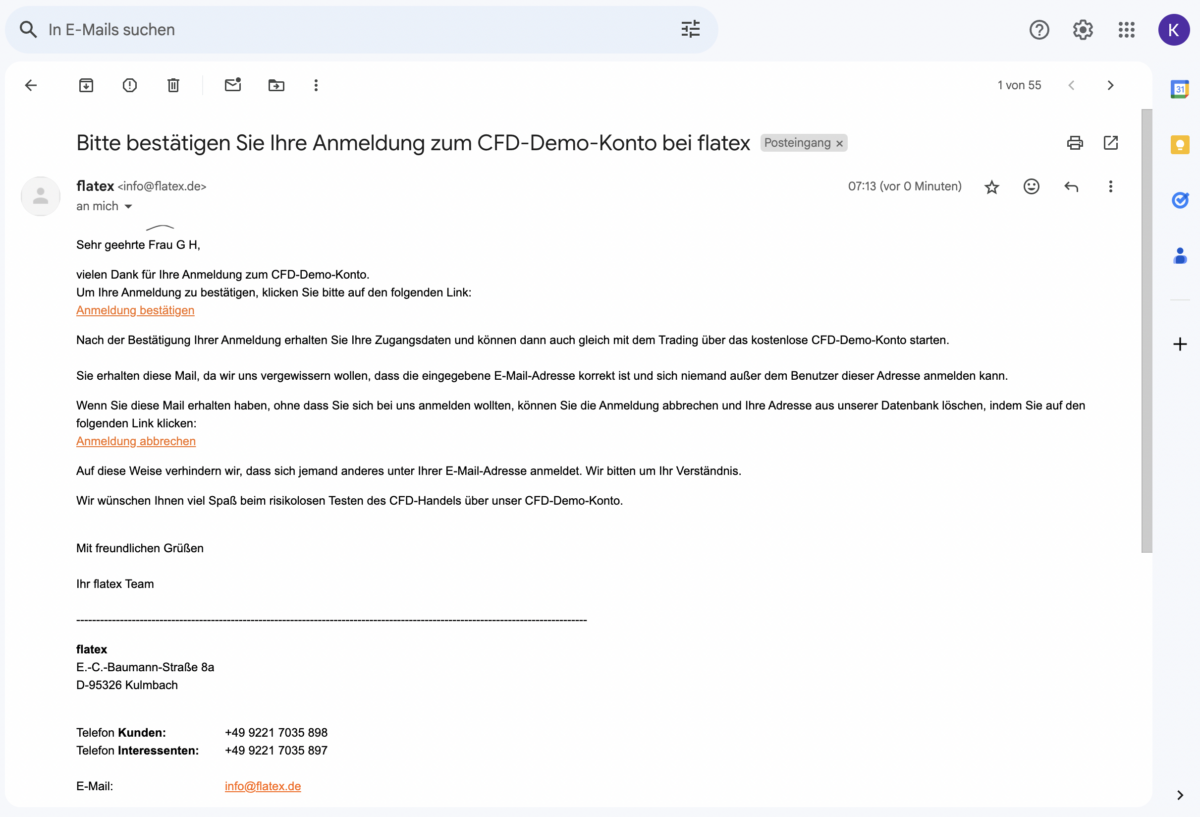 Flatex - Bestätigungsemail für die Anmeldung eines CFD-Demokontos. Die E-Mail enthält einen Bestätigungslink zur Aktivierung des Kontos sowie einen Link zur Stornierung der Anmeldung. Zusätzlich sind Kontaktdaten des Flatex-Kundensupports angegeben.