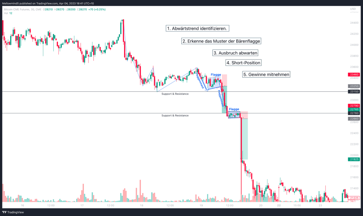 Das Bild zeigt ein Trading-Beispiel für das Handeln einer Bärenflagge im Bitcoin Markt.