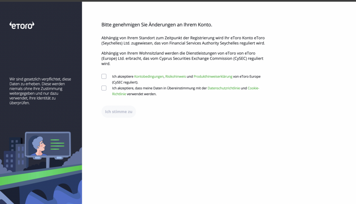 eToro-Formular zur Zustimmung der Kontobedingungen. Der Nutzer muss zwei Checkboxen aktivieren, um die Kontobedingungen, den Risikohinweis und die Datenschutzrichtlinie zu akzeptieren. Der Button 'Ich stimme zu' ist ausgegraut. Links befindet sich eine Illustration mit einer Brücke und einem Bildschirm, der eine Person zeigt