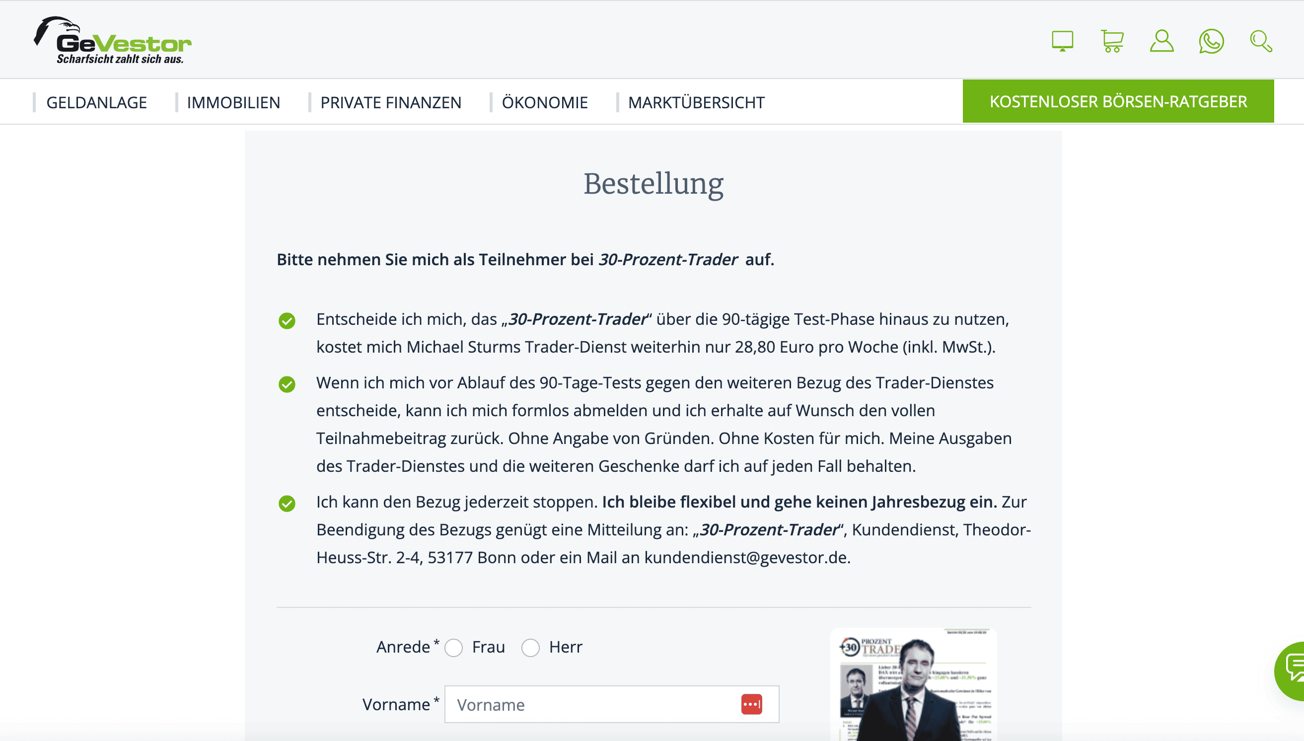 der Screenshot zeigt den Besellprozess von dem 30-Prozent-Trader 