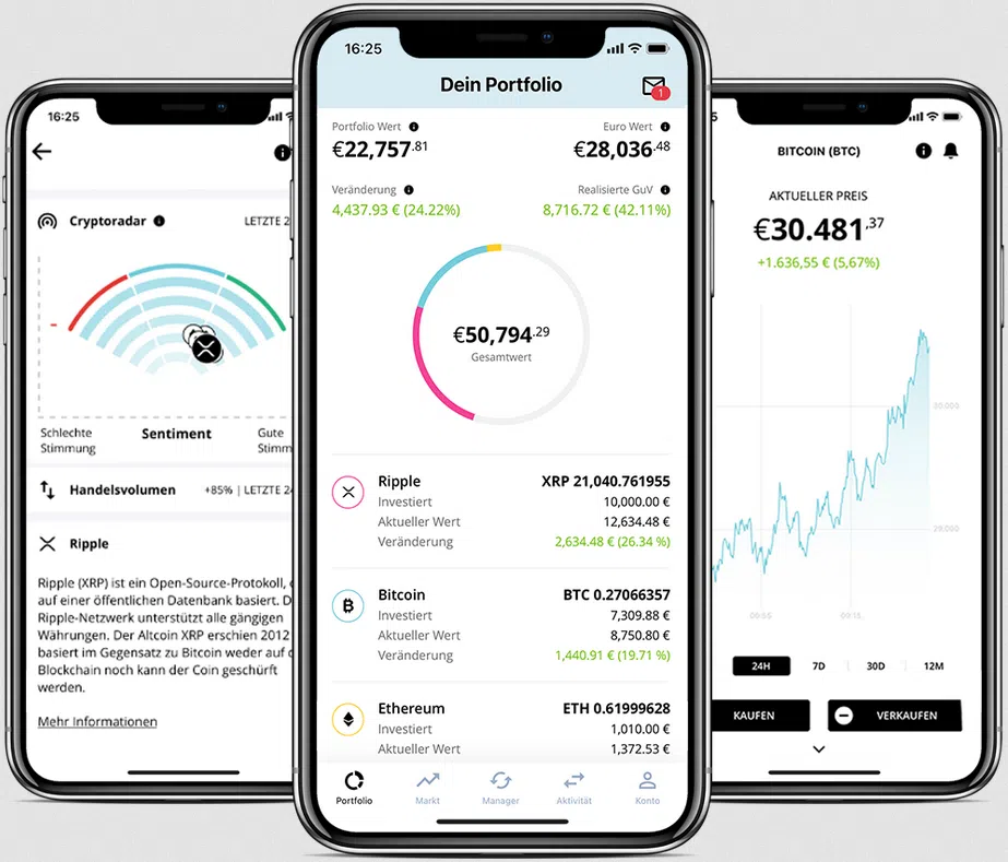 Das Bild zeigt Screenshots des Cryptoradars, der Portfolio-Übersicht & der Coin-Übersicht der Bison App.