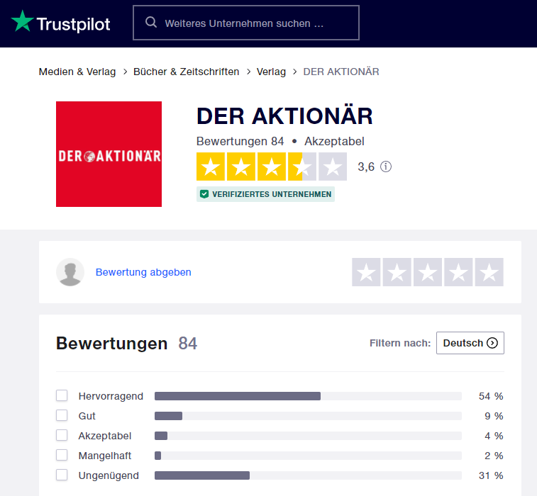 Die Bewertung von "DER AKTIONÄR" - einem Angebot der Börsenmedien AG auf Trustpilot.com