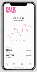 Bux App zeigt das aktuelle Aktienportfolio mit Twitter und Tesla