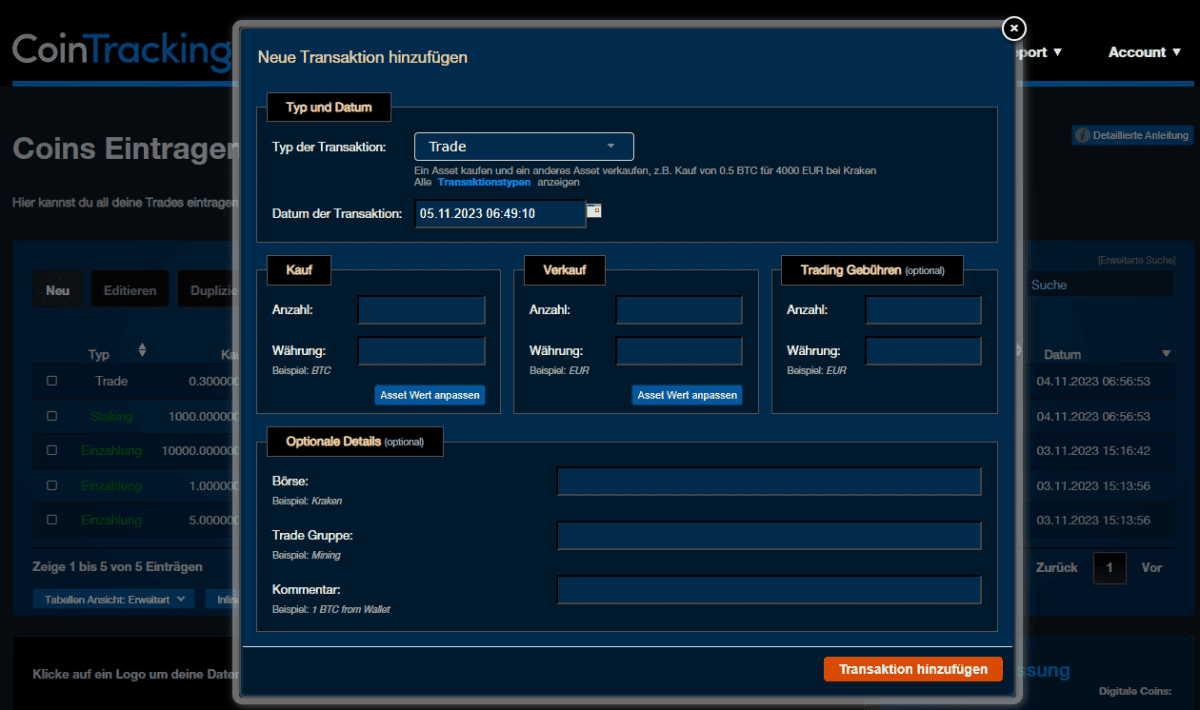 Screenshot der CoinTracking-Oberfläche zur manuellen Eingabe von Transaktionen. Nutzer können hier Trades, Käufe, Verkäufe und Trading-Gebühren mit Details wie Währung, Anzahl, Börse und Kommentaren erfassen.