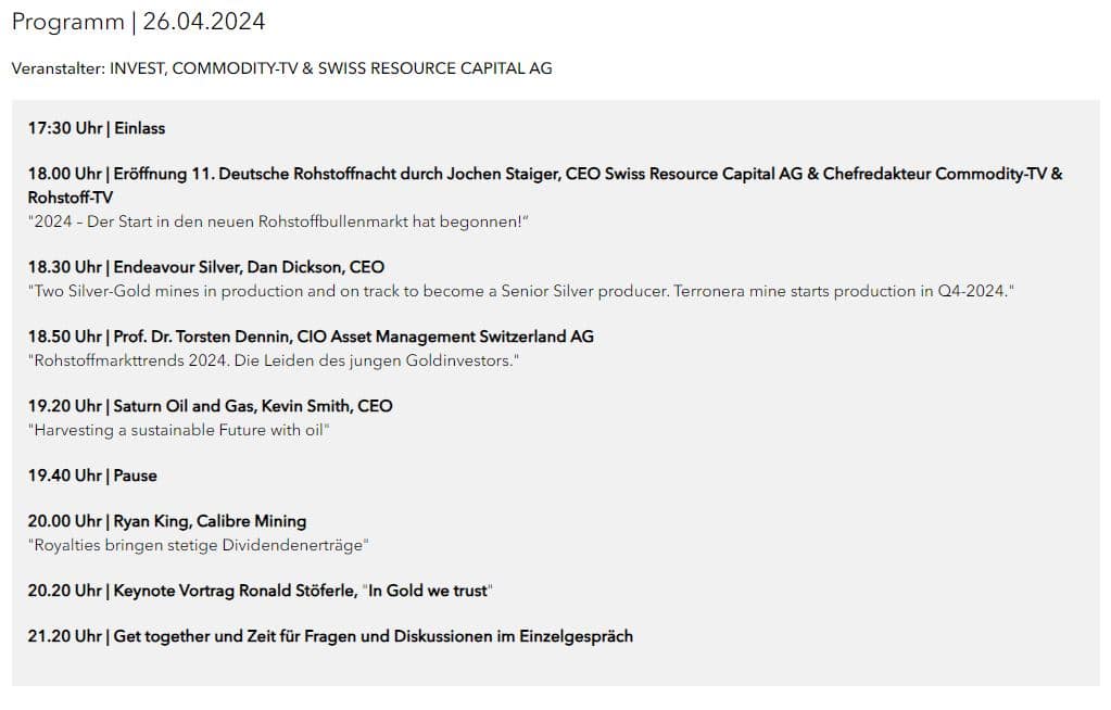 Invest Messe Stuttgart – Alles rund um Finanzen und Geldanlage für Trader, Anleger und Investoren Das Programm der 10. Deutschen Rohstoffnacht auf der Stuttgart Invest 2024