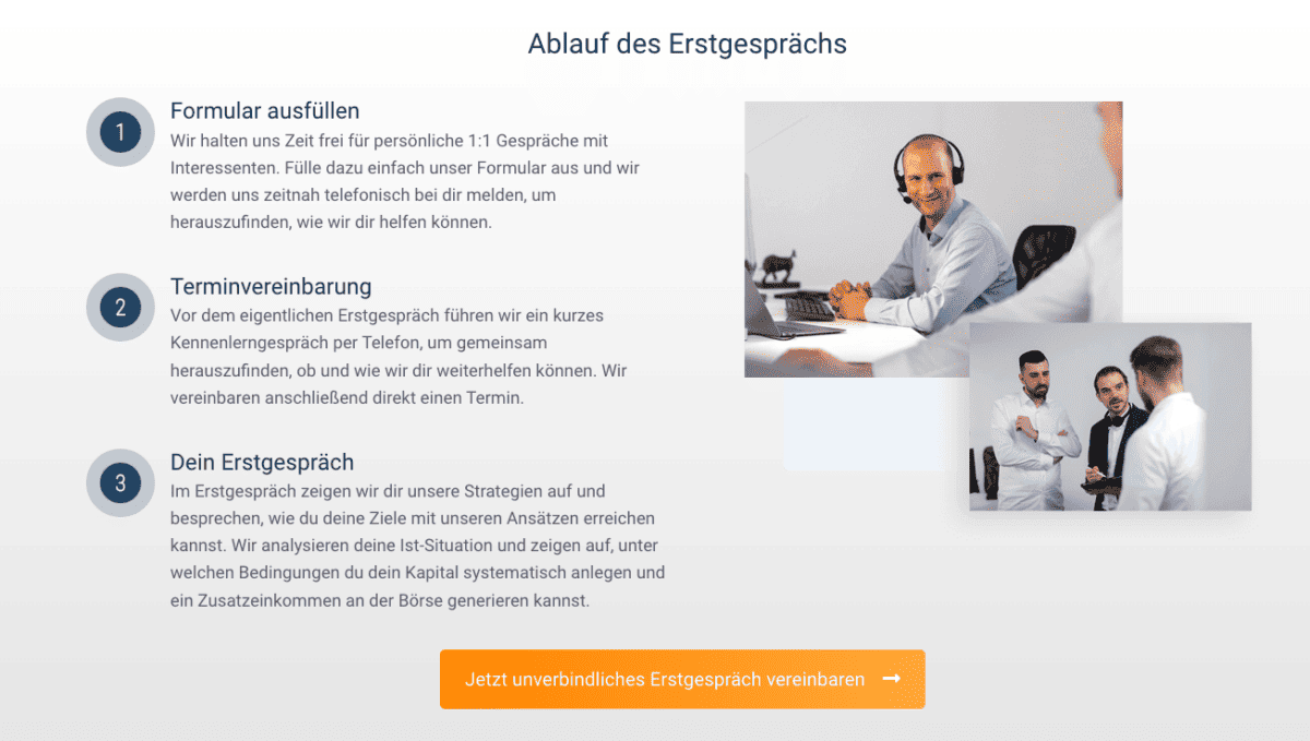 DeltaValue Erfahrungen (2025) - Selbstständige Kapitalanlage an der Börse lernen und zusätzliches Einkommen generieren Ablauf des Erstgesprächs bei DeltaValue: Drei Schritte von der Formularausfüllung über die Terminvereinbarung bis zum persönlichen Erstgespräch. Rechts zwei Bilder – ein Berater mit Headset im Gespräch und eine Gruppe von drei Personen in einer Diskussion.