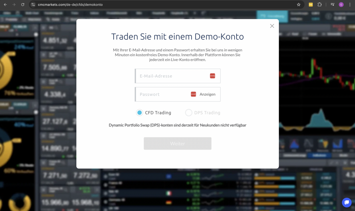der Screenshot zeigt den Anmeldeprozess für das kostenlose demokonto ohne anmeldung von cmc markets