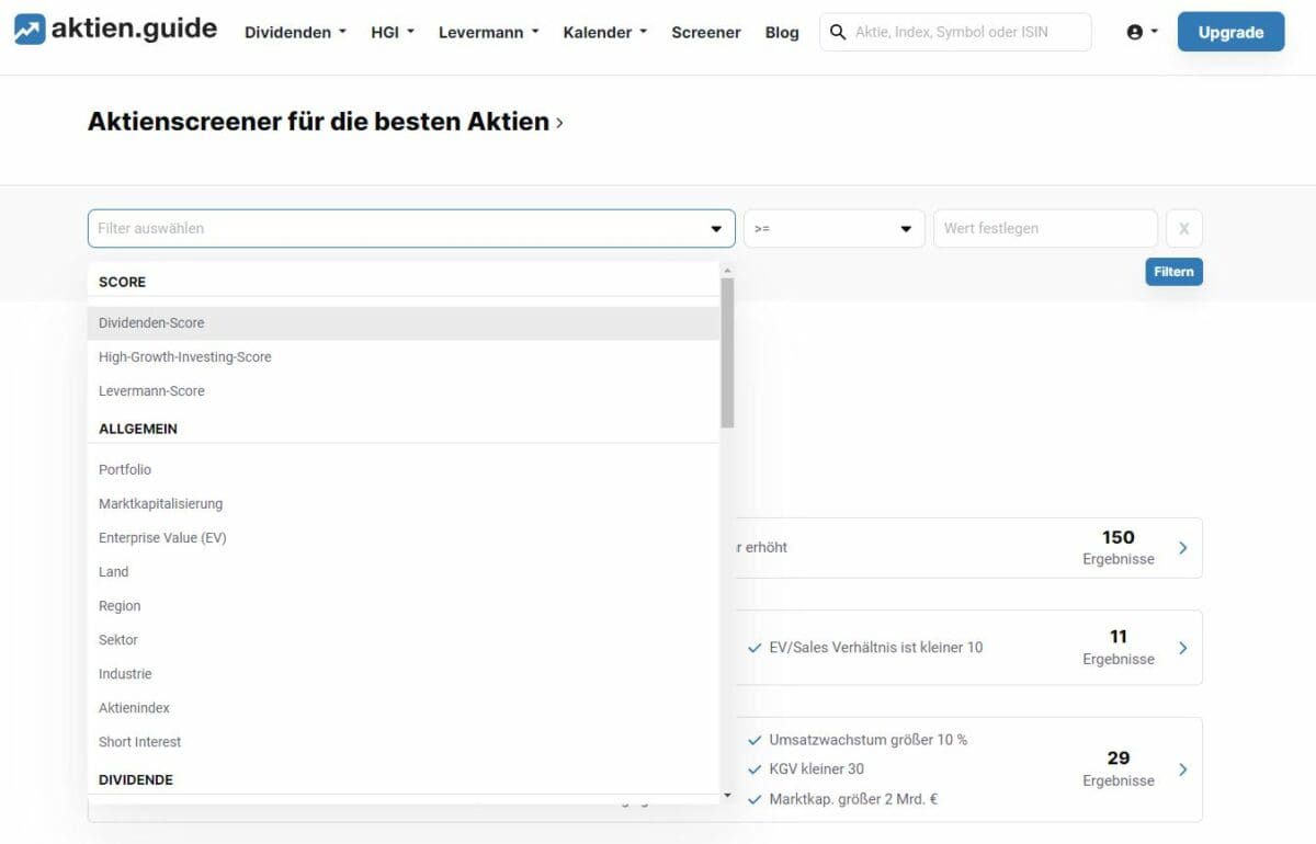 Screenshot des Aktien-Screeners auf aktien.guide. Eine Filterauswahl ist geöffnet, die verschiedene Kriterien zur Aktienanalyse enthält, darunter Score-Filter wie Dividenden-Score, High-Growth-Investing-Score und Levermann-Score sowie allgemeine Kriterien wie Portfolio, Marktkapitalisierung, Enterprise Value, Land, Region, Sektor und Industrie. Rechts sind Filterergebnisse mit der Anzahl der gefundenen Aktien sichtbar.