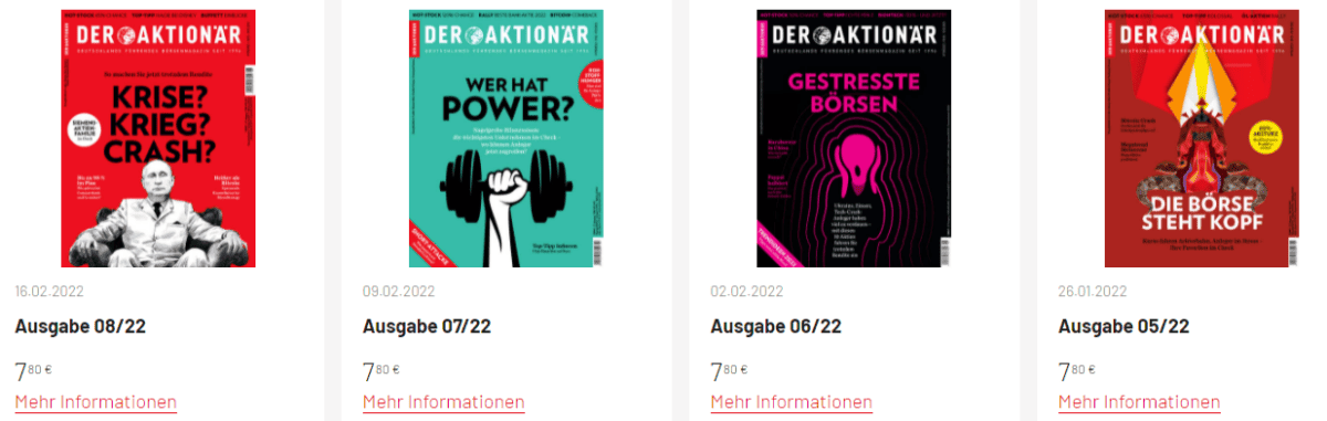 Wöchentliche Ausgaben des Magazins DER AKTIONÄR – Titelbilder und Erscheinungsdaten der Ausgaben 08/22, 07/22, 06/22 und 05/22 mit unterschiedlichen Börsenschwerpunkten. Themen umfassen Krise, Krieg, Crash, Power-Aktien, gestresste Börsen und volatile Märkte. Preis: 7,80 €