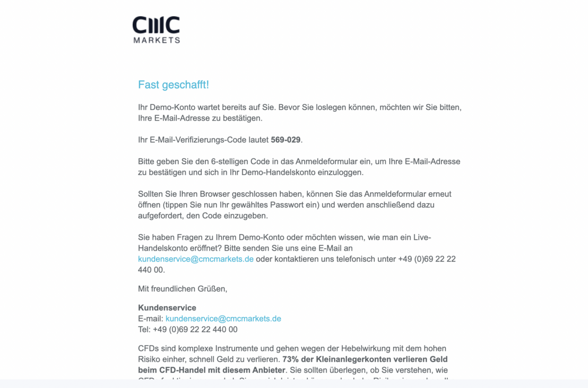 CMC Markets - Bestätigung der E-Mail-Adresse für das Demokonto. Eine E-Mail mit einem sechsstelligen Verifizierungscode (569-029) wird an den Nutzer gesendet. Der Code muss im Anmeldeformular eingegeben werden, um die Registrierung abzuschließen. Es gibt außerdem Kontaktinformationen zum Kundenservice von CMC Markets sowie einen Risikohinweis zum CFD-Handel.