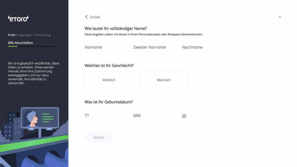 eToro-Formular zur Eingabe persönlicher Daten für die Kontoerstellung. Das Formular enthält Felder für den vollständigen Namen, Geschlecht (Weiblich/Männlich) und Geburtsdatum. Links befindet sich eine Illustration mit einer Brücke und einem Bildschirm, der ein Gesicht zeigt. Ein Fortschrittsbalken zeigt an, dass die Verifizierung zu 20 % abgeschlossen ist.