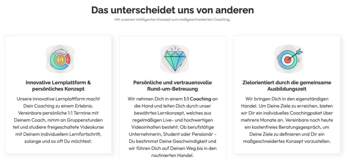 Screenshot der Angebote von Finance.Coach