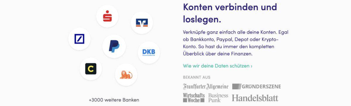 Werbegrafik der Finanzguru App mit dem Titel 'Konten verbinden und loslegen'. Links sind Logos bekannter Banken und Finanzdienstleister wie Sparkasse, Deutsche Bank, PayPal, DKB, Comdirect und ING in einem Kreis angeordnet, mit dem Hinweis '+3000 weitere Banken'. Rechts steht ein erklärender Text, der beschreibt, dass Nutzer ihre Bankkonten, Depots und Krypto-Konten einfach verknüpfen können, um einen vollständigen Finanzüberblick zu erhalten. Darunter ein Link 'Wie wir deine Daten schützen' sowie Logos bekannter Medien wie Frankfurter Allgemeine, Gründerszene, Wirtschaftswoche, Business Punk und Handelsblatt.