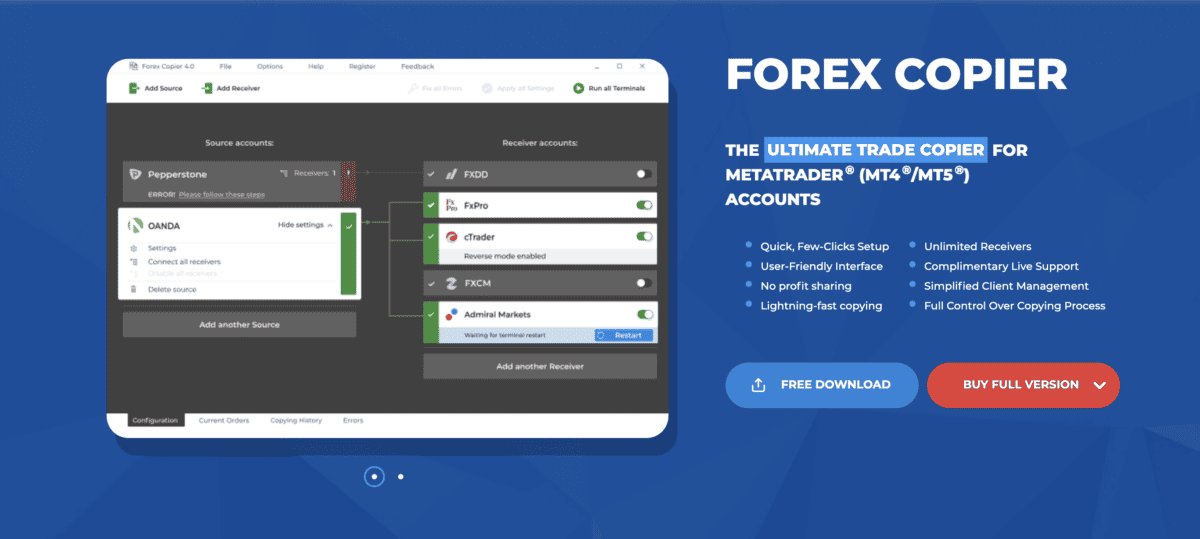 Das Bild zeigt einen Screenshot von der Website von Forex Copier.