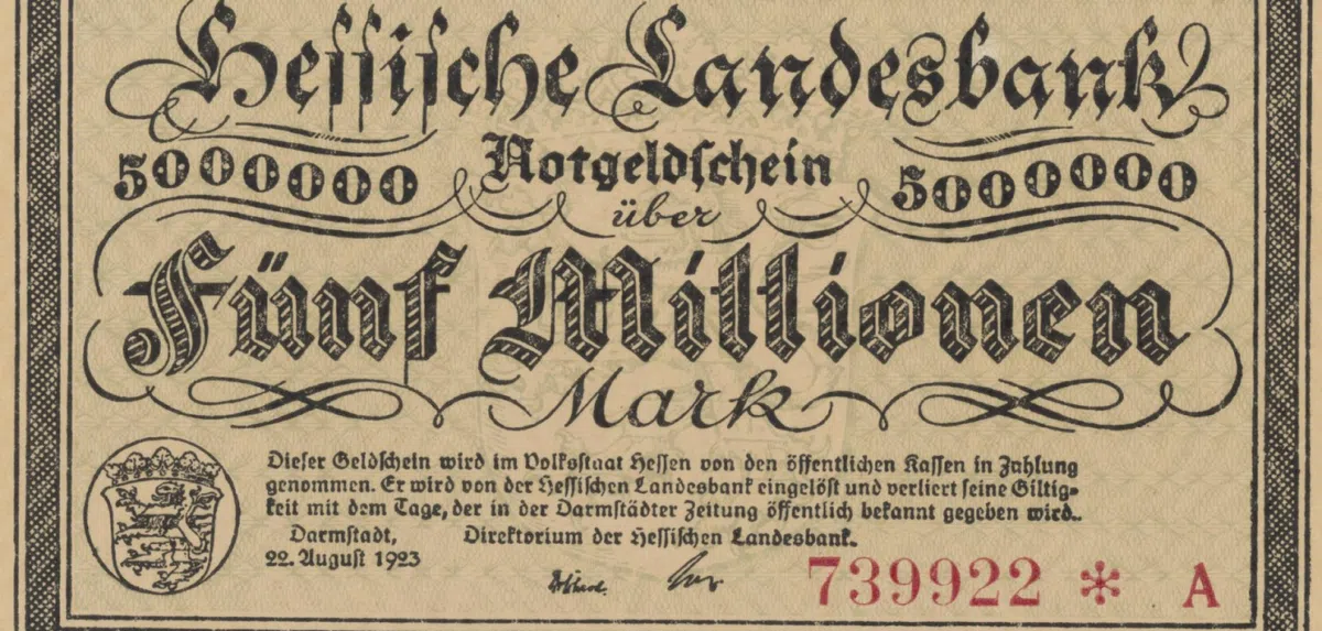 Das Bild zeigt eine Fünf Millionen Mark-Banknote aus Zeiten der Weimarer Republik.