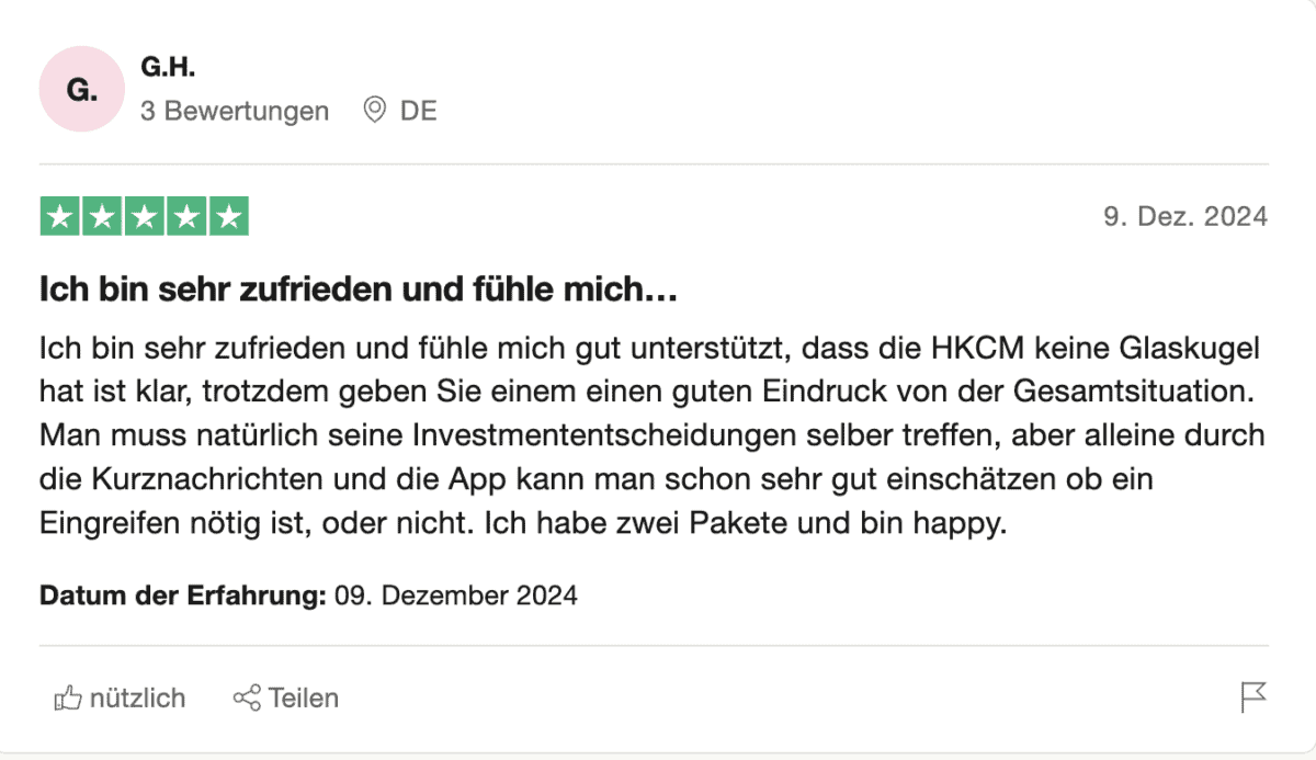 Eine Trustpilot-Bewertung von HKCM mit fünf Sternen. Der Nutzer "G.H." aus Deutschland gibt an, sehr zufrieden zu sein und sich durch die Analysen von HKCM gut unterstützt zu fühlen.