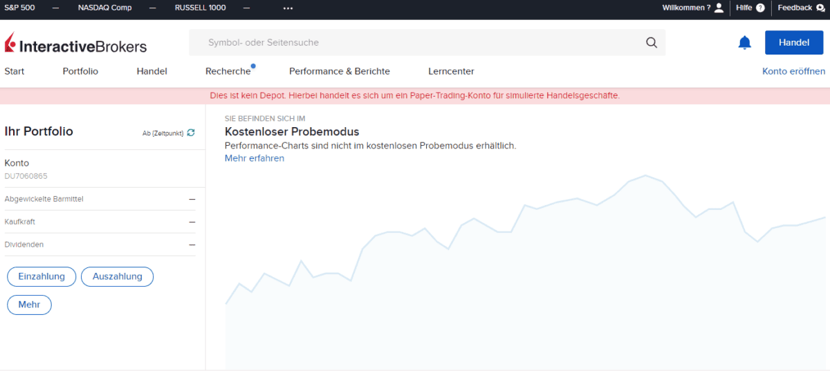 Das Bild zeigt das Paper Trading Konto von Interactive Brokers im Client Portal