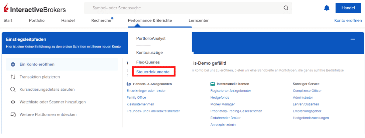 Screenshot der Interactive Brokers Plattform, in der die Steuerdokumente unter 'Performance & Berichte' im Menü ausgewählt werden können. Der Menüpunkt 'Steuerdokumente' ist rot markiert. Unterhalb des Bildes steht die Beschreibung: 'Interactive Brokers Steuererklärung