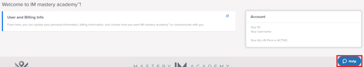 IM Mastery Academy Benutzerkonto-Seite mit Account- und Abrechnungsinformationen. Unten rechts ist ein blauer 'Help'-Button zu sehen, über den Mitglieder den Support kontaktieren können.