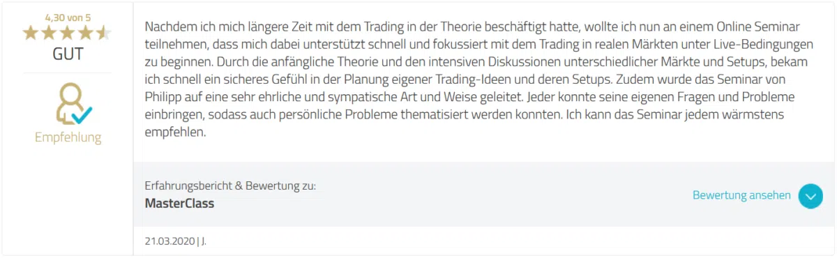Das Bild zeigt die von J. veröffentlichte Rezension zur MasterClass auf Proven Expert.