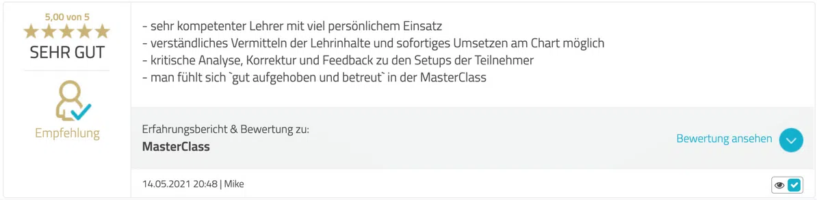 Das Bild zeigt die von Mike veröffentlichte Rezension zur MasterClass auf Proven Expert.