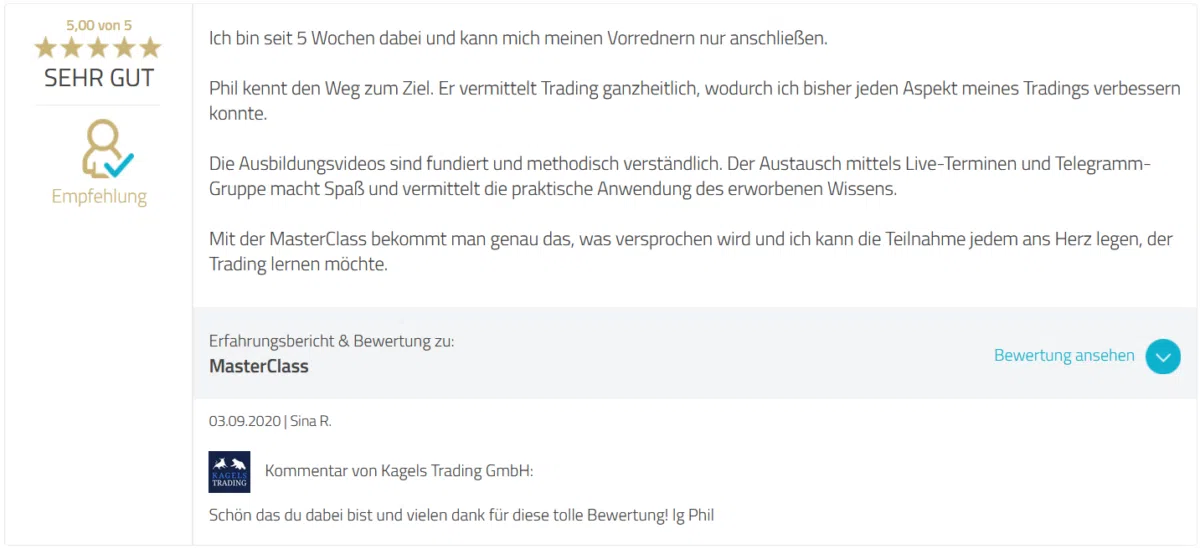 Das Bild zeigt die von Sina R. veröffentlichte Rezension zur MasterClass auf Proven Expert.