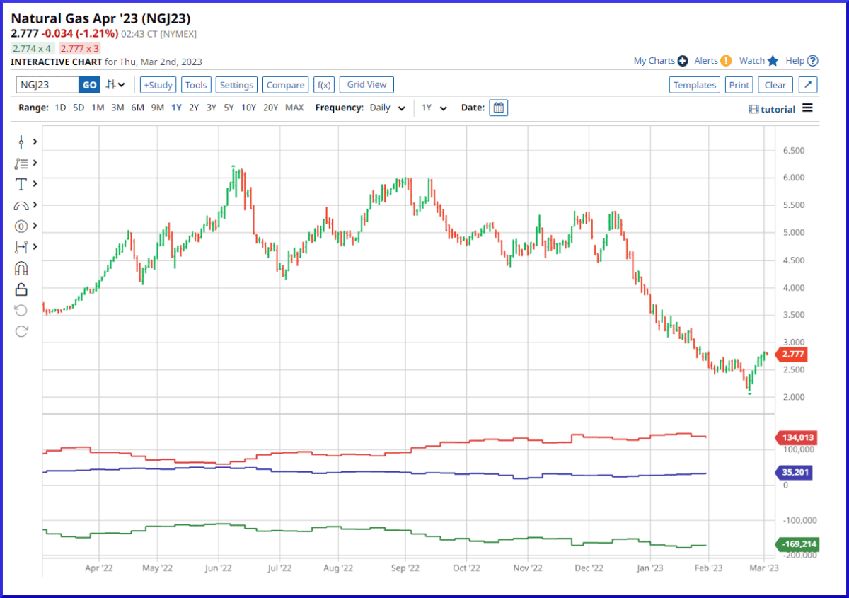 Screenshot eines Charts auf barchart.com für den Natural Gas Future (NGJ23) mit COT-Daten. Der obere Bereich zeigt den Candlestick-Chart mit dem Preisverlauf des Futures, während im unteren Bereich die Commitments of Traders (COT) Daten in drei farbigen Linien visualisiert sind: Commercials (rot), Large Speculators (grün) und Small Speculators (blau). Das Menü oben ermöglicht die Anpassung des Charts mit Tools wie '+Study', 'Settings' und 'Compare'.