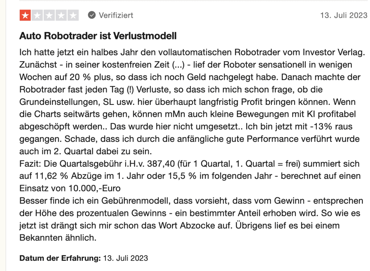 das Bild zeigt die Kritik eines Nutzers von dem Investor Verlag das Verlustmodell des Auto Robotraders