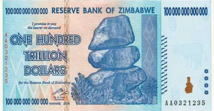 Das Bild zeigt eine Einhundert Trillionen Simbabwe-Dollar-Banknote.