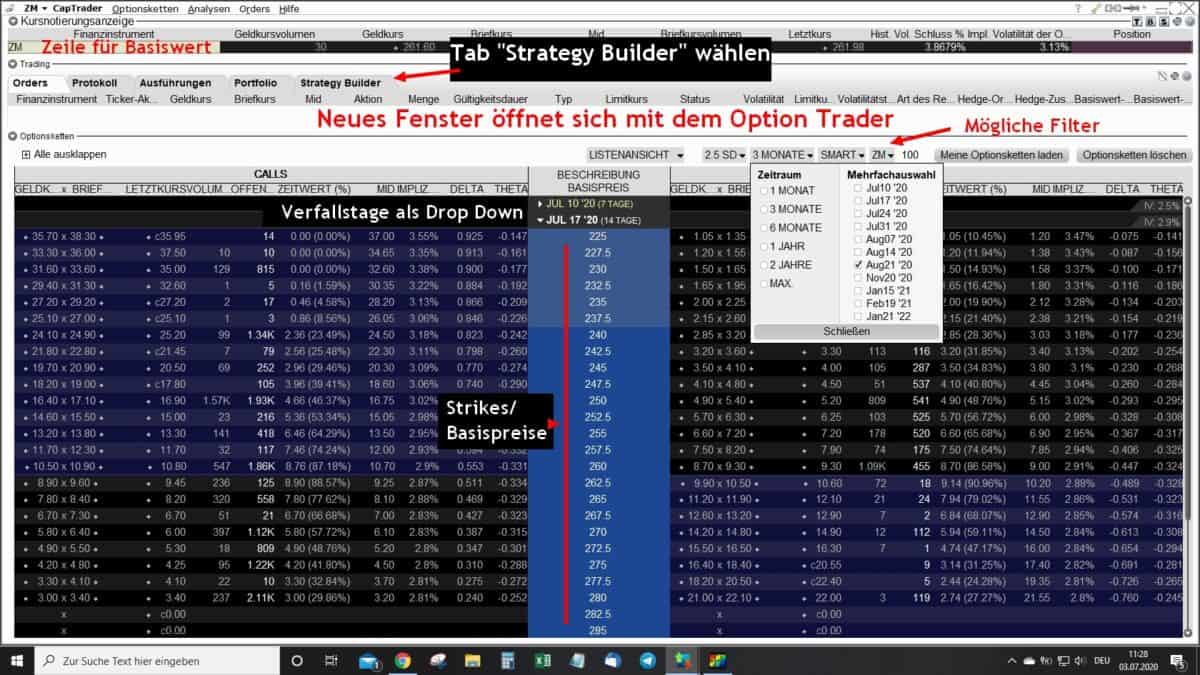 Der OptionTrader in der TWS mit der Optionskette