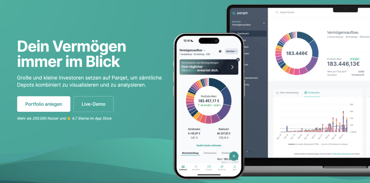 Screenshot der Finanzverwaltungs-App Parqet als Alternative zu Getquin. Links befindet sich ein Textblock mit der Überschrift 'Dein Vermögen immer im Blick' und einer Beschreibung der App-Funktionen. Zwei Buttons 'Portfolio anlegen' und 'Live-Demo' sind darunter zu sehen. Rechts zeigt ein Smartphone-Bildschirm eine detaillierte Portfolio-Ansicht mit einem farbigen Kreisdiagramm und Finanzkennzahlen. Im Hintergrund ist ein Laptop-Bildschirm mit einer erweiterten Dashboard-Ansicht der Parqet-App sichtbar.